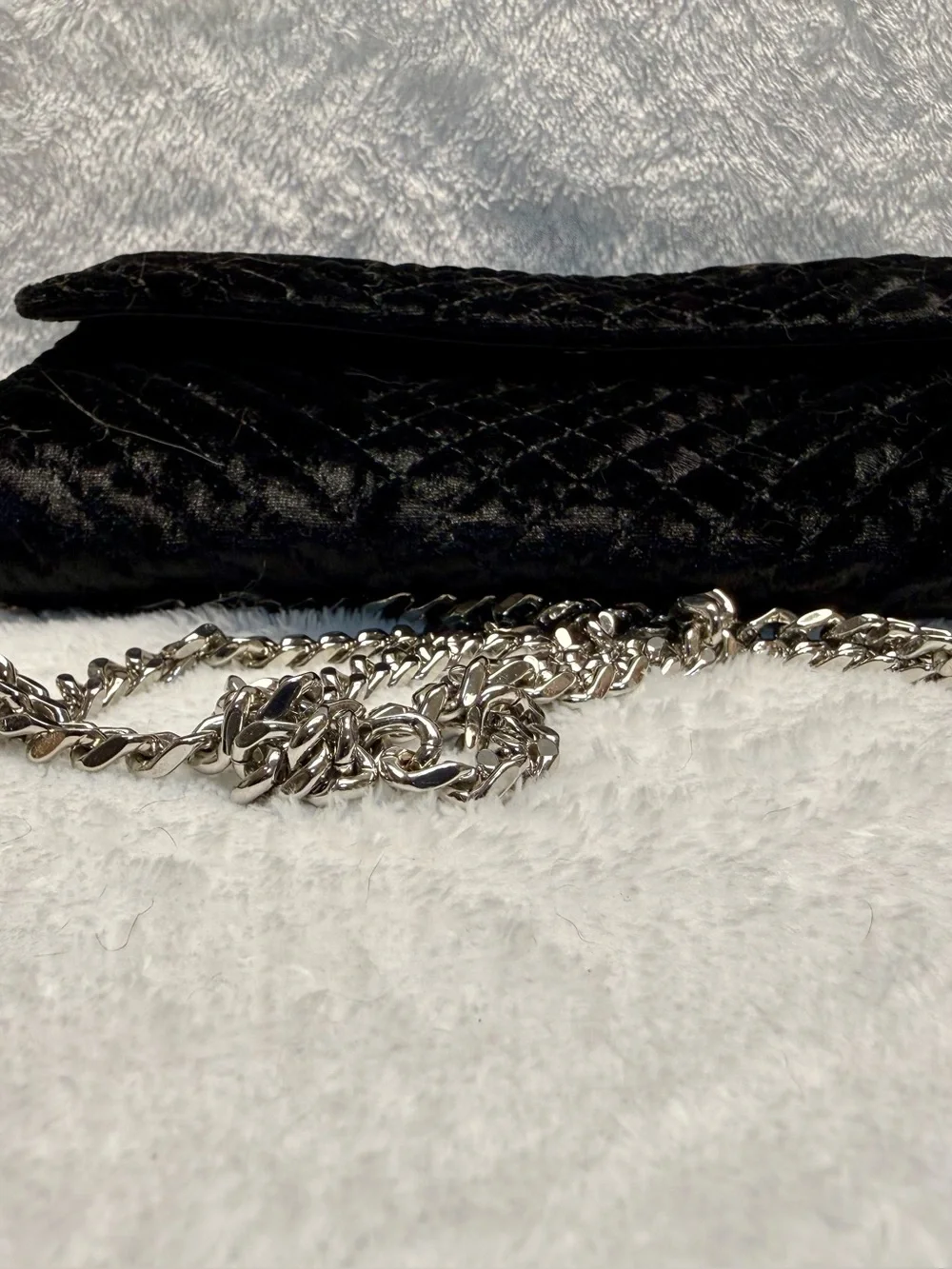 Vince Camuto small black velvet quilted shoulder bag with silver chain